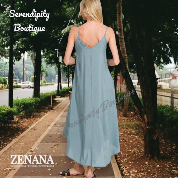Effortless Everyday Casual Classic Cami Strap Flowy Tea Length Dress in Blue - Picture 2 of 9